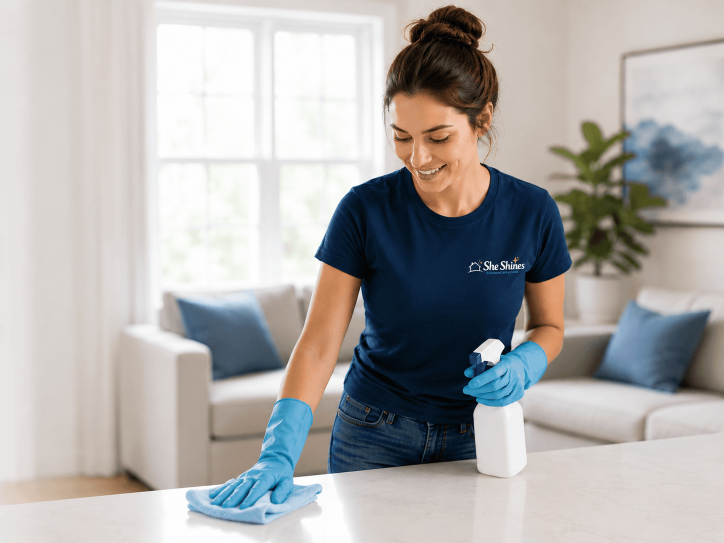 A She Shines cleaner wiping down a kitchen surface